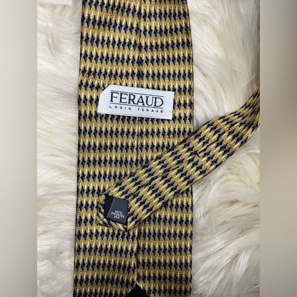 LOUIS FERAUD SILK TIE MUSTARD NAVY BLUE & WHITE - Picture 2 of 3